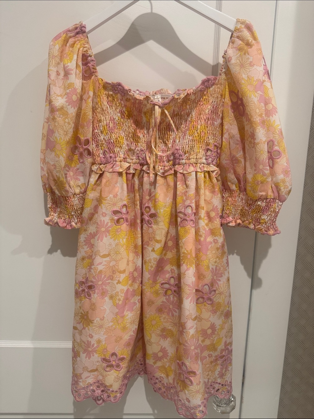 For Love & Lemons Floral Puff Sleeve Cutout Dress Size S Yellow Pink Cotton Mini